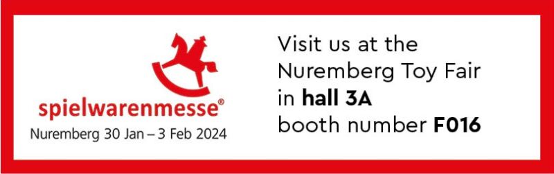 Image that shows the logo of the Nuremberg toy fair 2024 and text that mentions booth number F016 in hall 3A